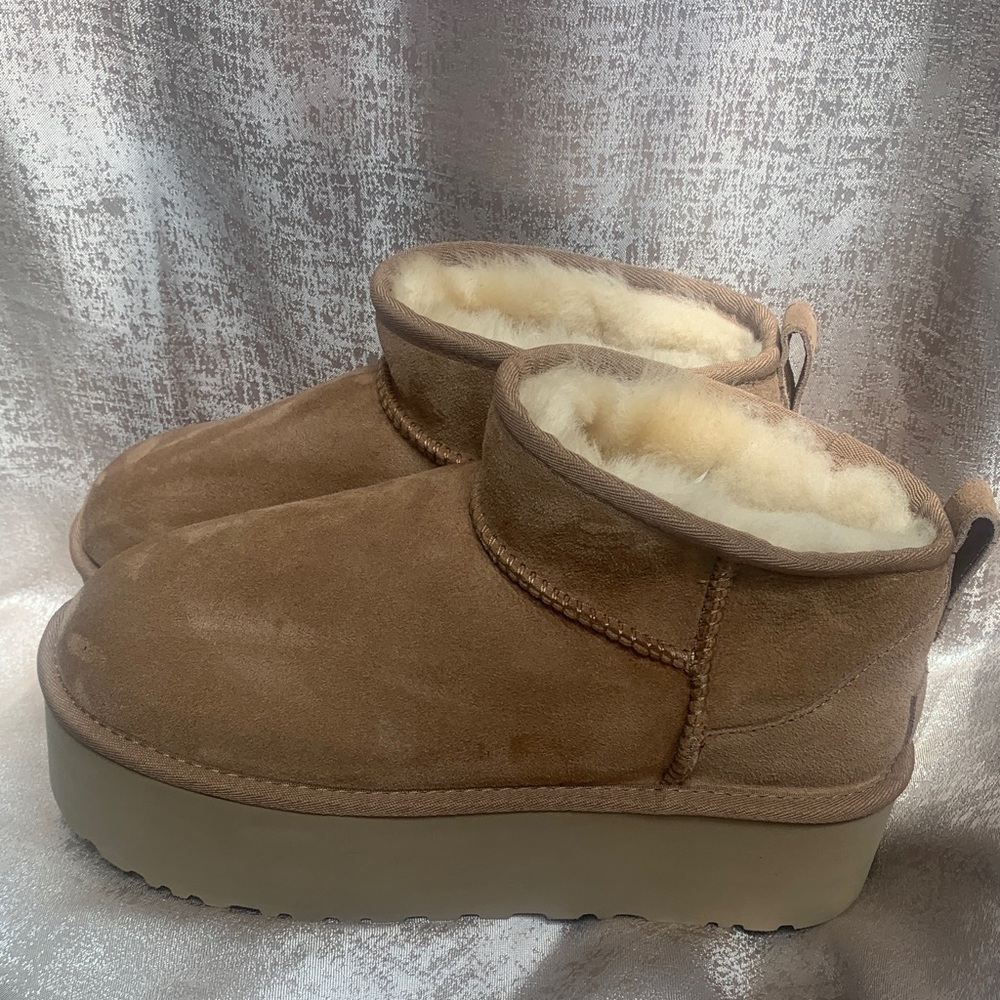 UGG Chestnut Suede Shearling Lined Platform Ankle Slippers